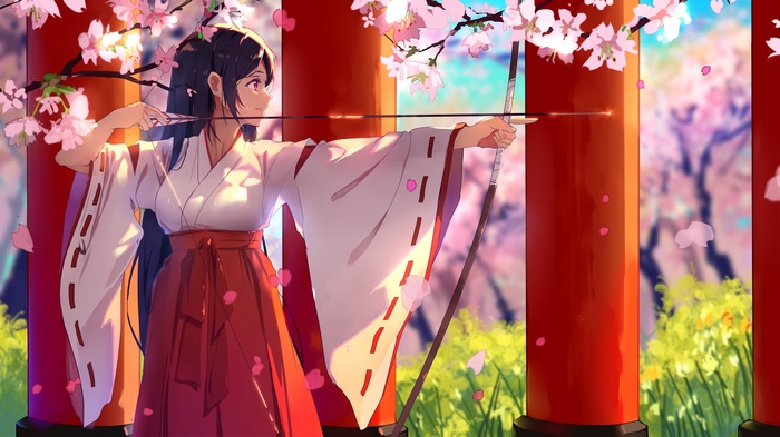 Miko with bow and arrow under cherry blossoms