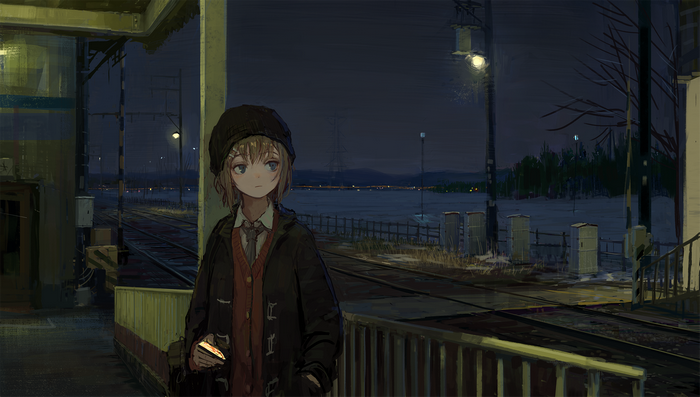 Anime girl at a train station at night