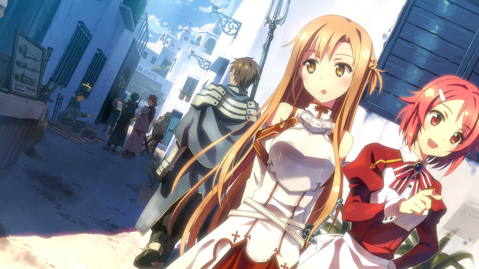 Asuna and Rika from Sword Art Online in a town