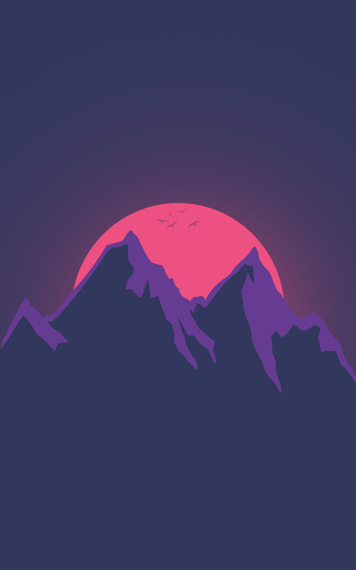 Flat design mountains at sunset with birds