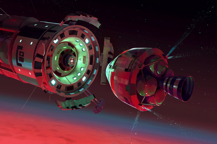Spaceship docking in orbit above a red planet