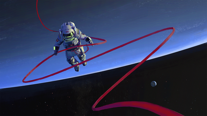 Astronaut in space with red ribbon