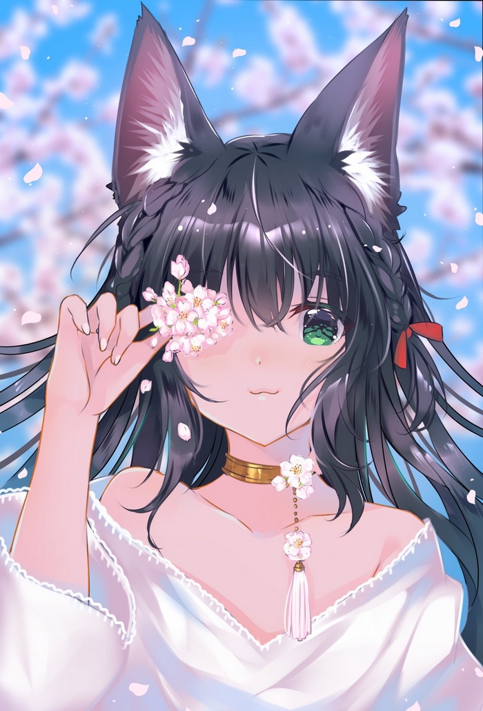 Anime girl with black hair and animal ears holding flowers
