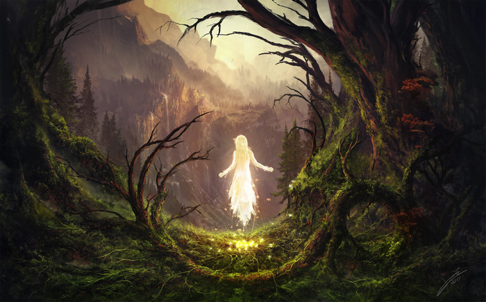 Spirit in a mystical forest with mountains