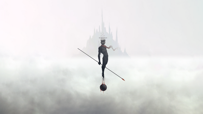 Dark figure with halo and spear in clouds