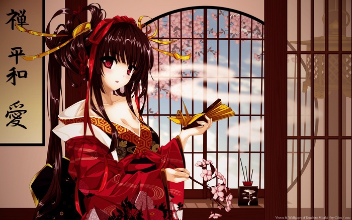 Anime girl in red kimono holding a paper crane