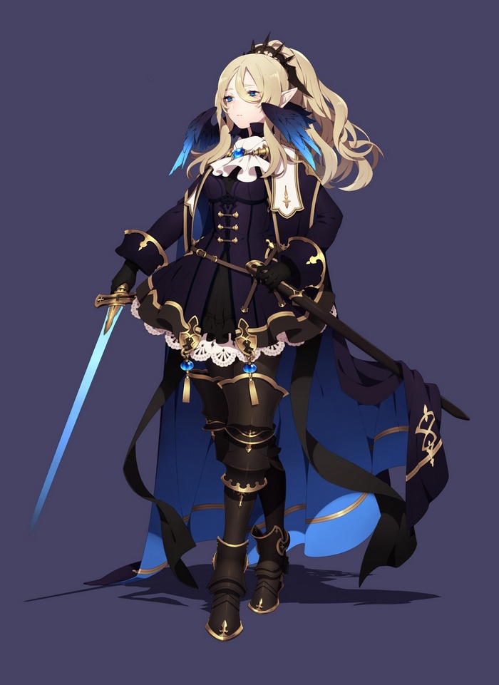 Anime girl with blonde hair and blue eyes holding a sword