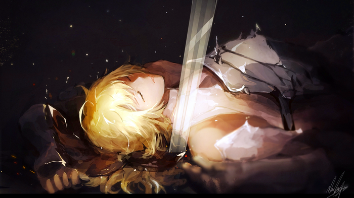 Saber from Fate/Zero lying down with a sword