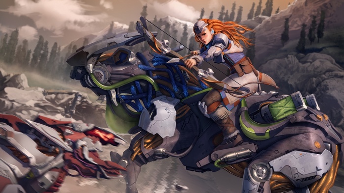 Aloy from Horizon Zero Dawn riding a machine