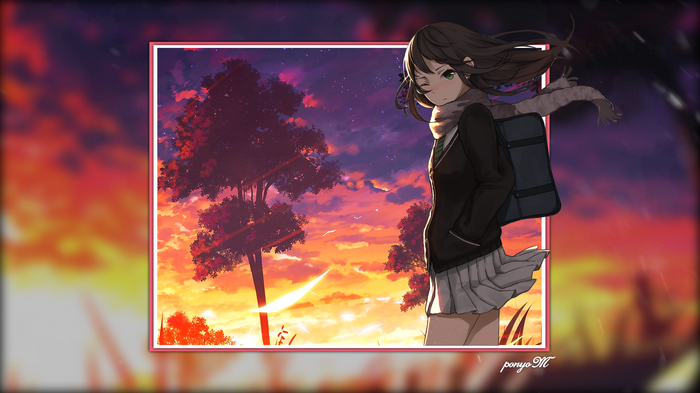 Anime girl with backpack at sunset
