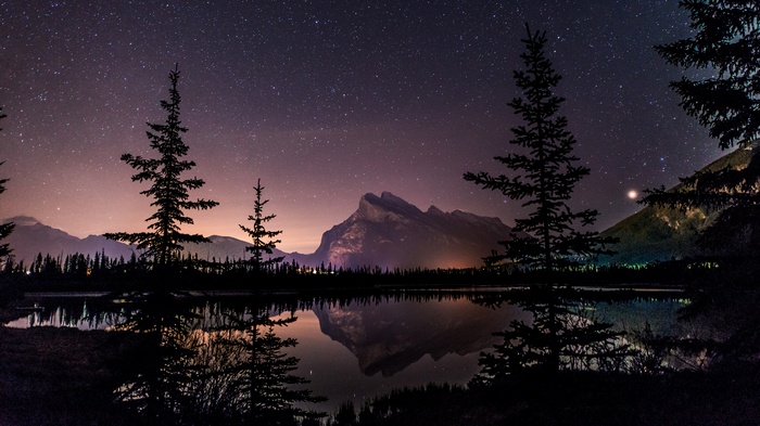 stars, Rocky Mountains, Banff National Park, mountains, plants, natural light, landscape, lake, night, Canadian, Alberta National Park, reflection