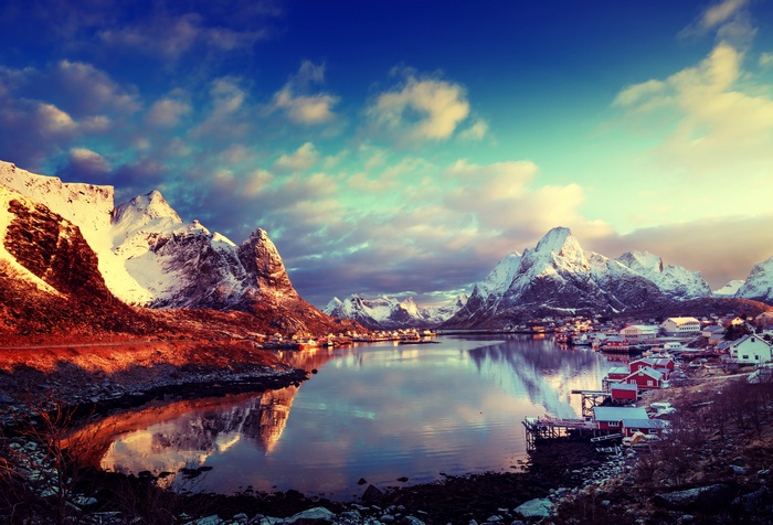 Sun, sky, bay, mountains, clouds, snow, Norway, Lofoten Islands, Lofoten, winter