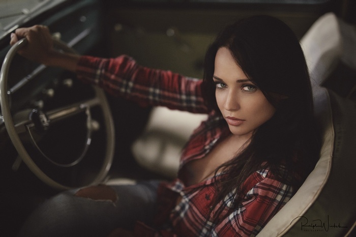 Angelina Petrova in a vintage car