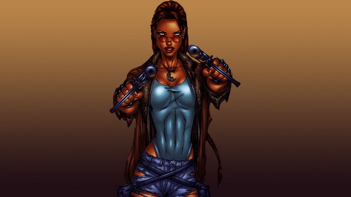 Lara Croft from Tomb Raider holding two pistols