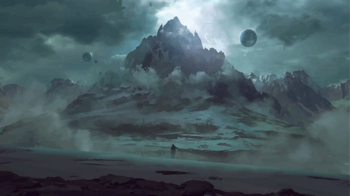 Fantasy mountain landscape with moons and a lone figure