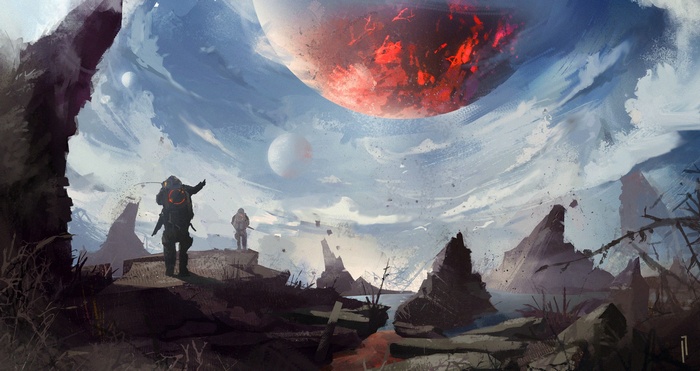 Futuristic landscape with astronauts and planets