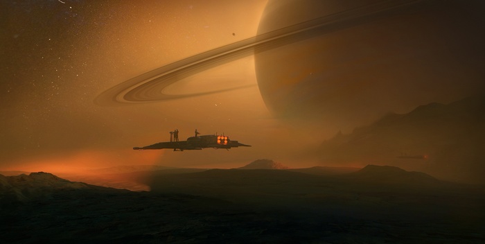 Spaceship landing on Titan with Saturn in the background