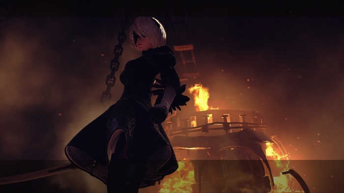 2B from NieR: Automata in a fiery scene