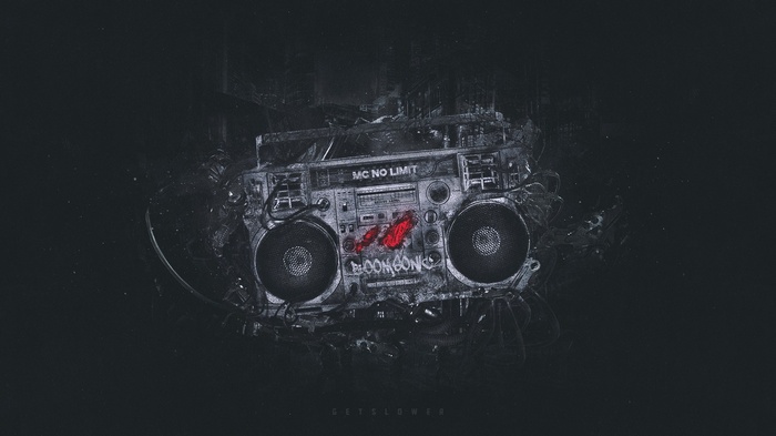 Boombox with "MC NO LIMIT" and "BOOMBOX" graffiti