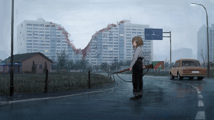 anime, LADA, eastern europe, Mosin-Nagant, mist, SVD, old building