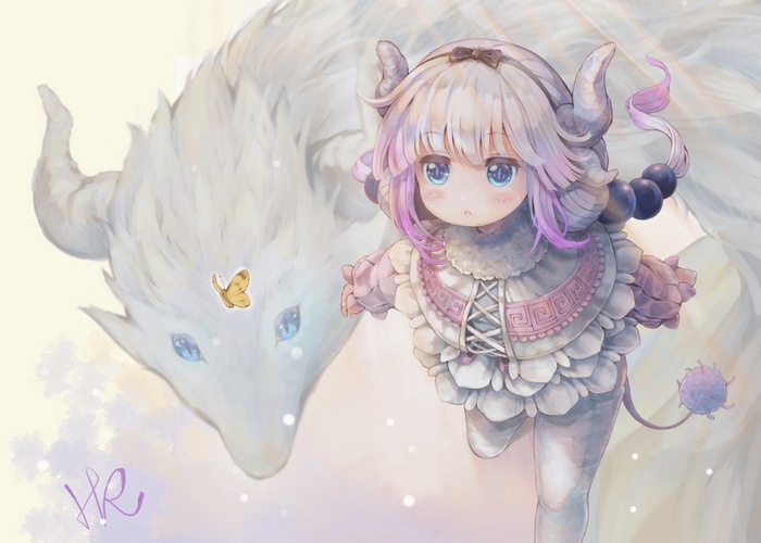 Kanna Kamui and a white dragon from Kobayashi-san Chi no Maid Dragon