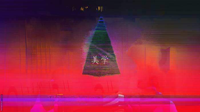 Glitch art triangle with Japanese text