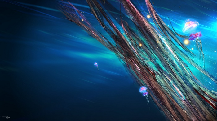 Abstract jellyfish and organic structures in blue water