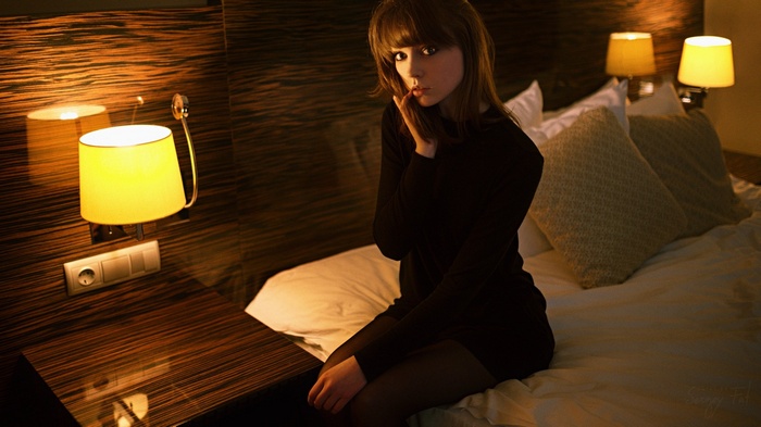 pantyhose, sitting, women, lamp, portrait, in bed, Olya Pushkina, black clothing, Sergey Fat
