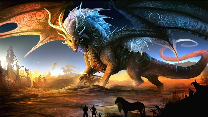Fantasy art of a dragon with wings and a horse