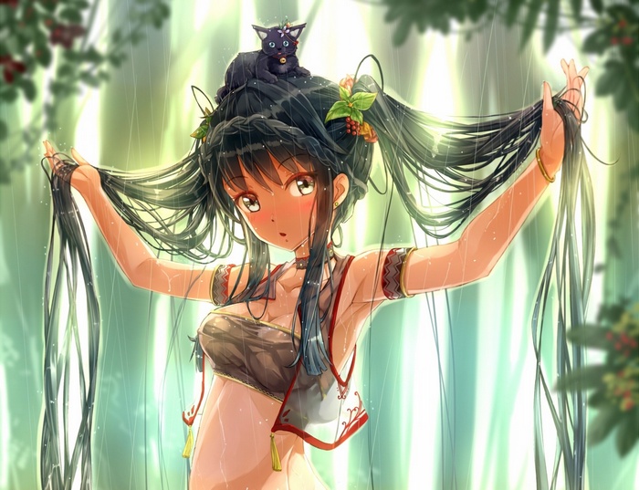 Anime girl with black hair and cat in rain