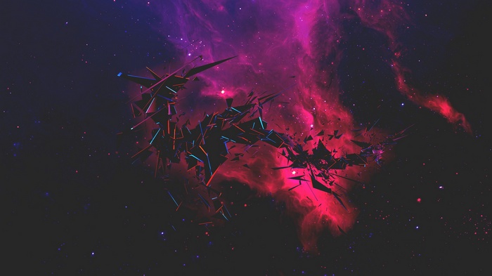 Abstract geometric explosion in a pink and purple nebula