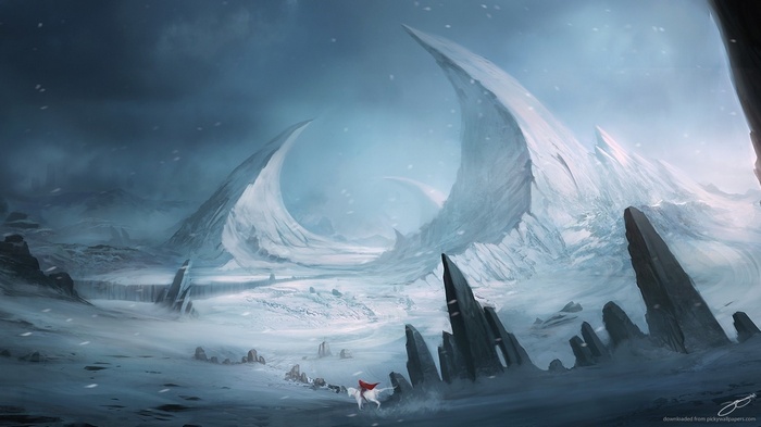 Fantasy art of a white horse with a red rider in a snowy landscape