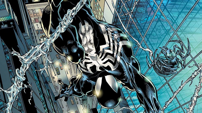 Spider-Man in Black Suit with Web and Spider Drone