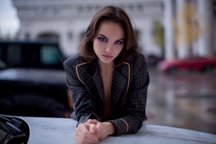 Maria Demina, portrait, women, brown eyes, depth of field, face, vest, brunette