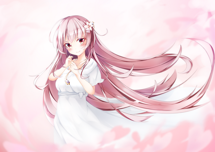 Anime girl with pink hair and red eyes in white dress