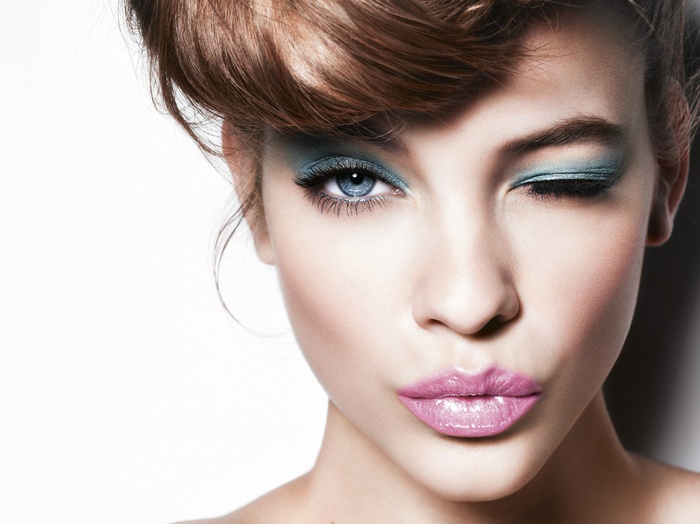 Barbara Palvin with blue eyeshadow and pink lipstick