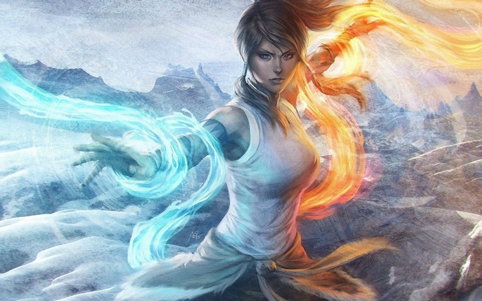 Korra from The Legend of Korra using fire and waterbending