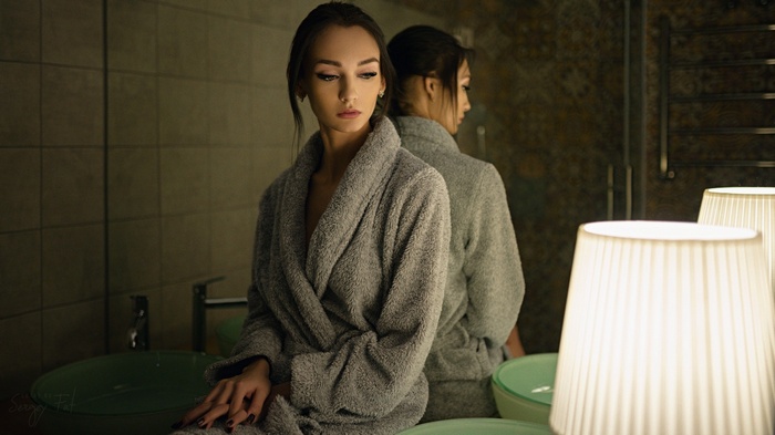 mirror, reflection, lamp, portrait, women, looking away, Sergey Fat, bathrobes, black nails, Kseniya Alekseevskaya