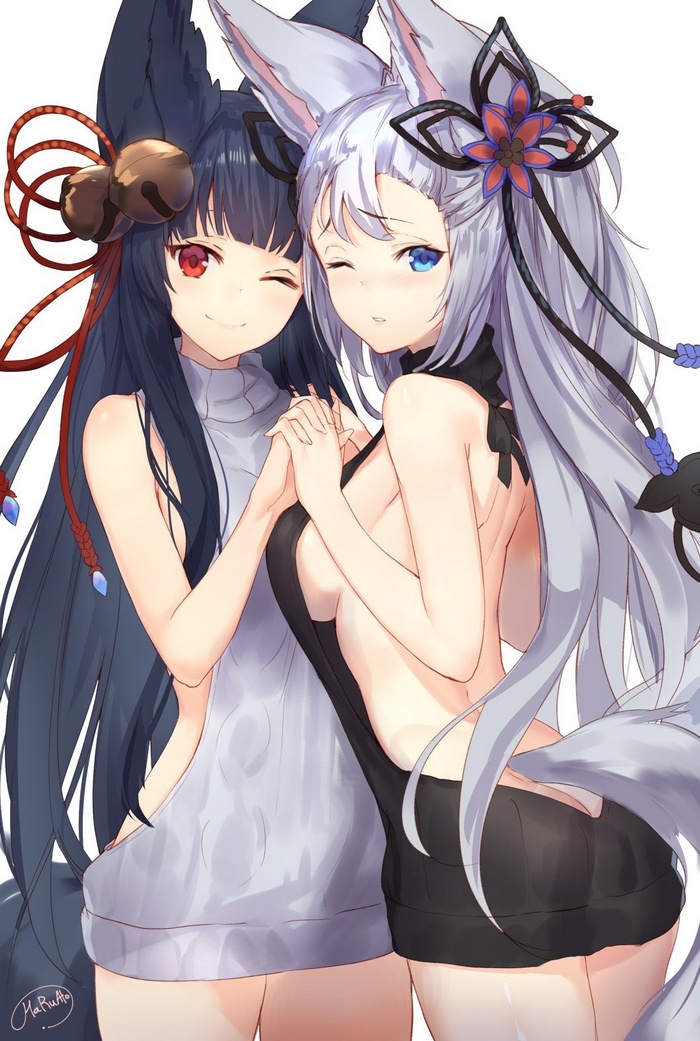 nopan, animal ears, tail, anime, Granblue Fantasy, white background, ass, Virgin Killer Sweater, fox girl, sweater, anime girls, no bra