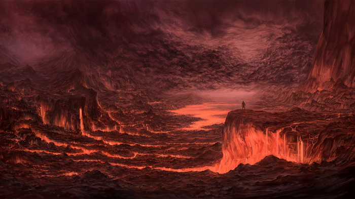 Fantasy art of a desolate volcanic landscape with lava river