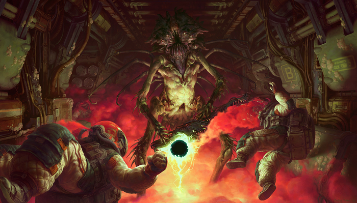 Alien creature confronts astronauts in sci-fi artwork
