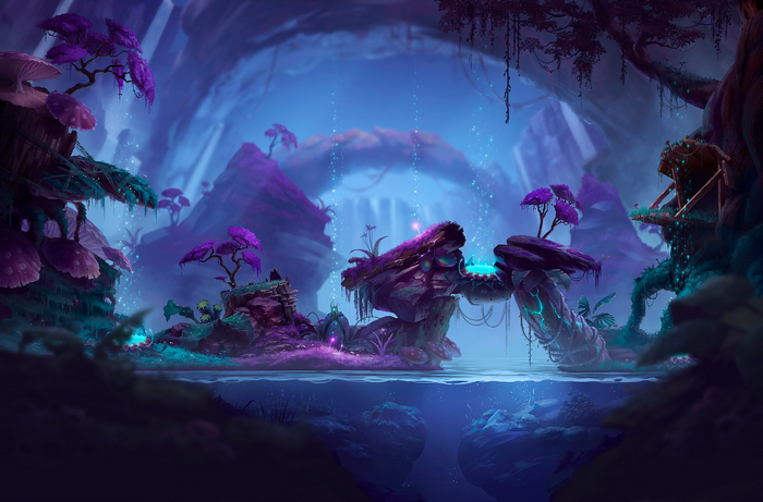 Fantasy forest with glowing mushrooms and purple trees