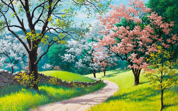Artwork of a winding path through a spring landscape with blooming trees