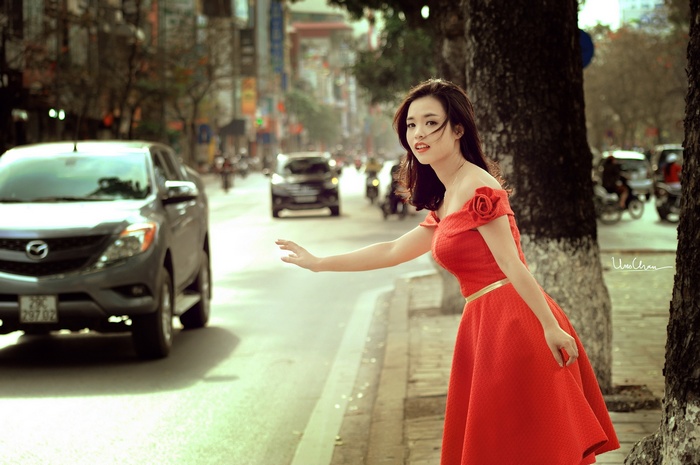 dress, urban, street, women outdoors, Asian, red dress, women, strapless dress, cityscape