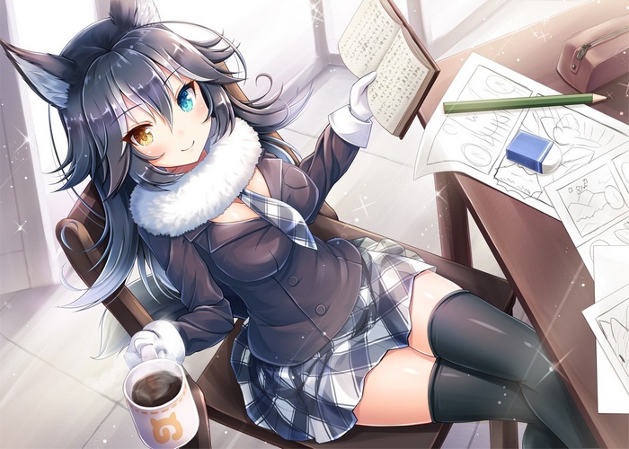Anime girl with animal ears reading a book