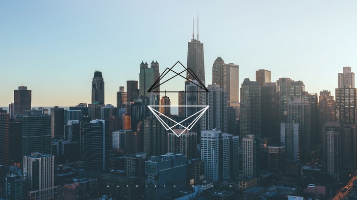 Cityscape with geometric overlay and Matrizen Design logo