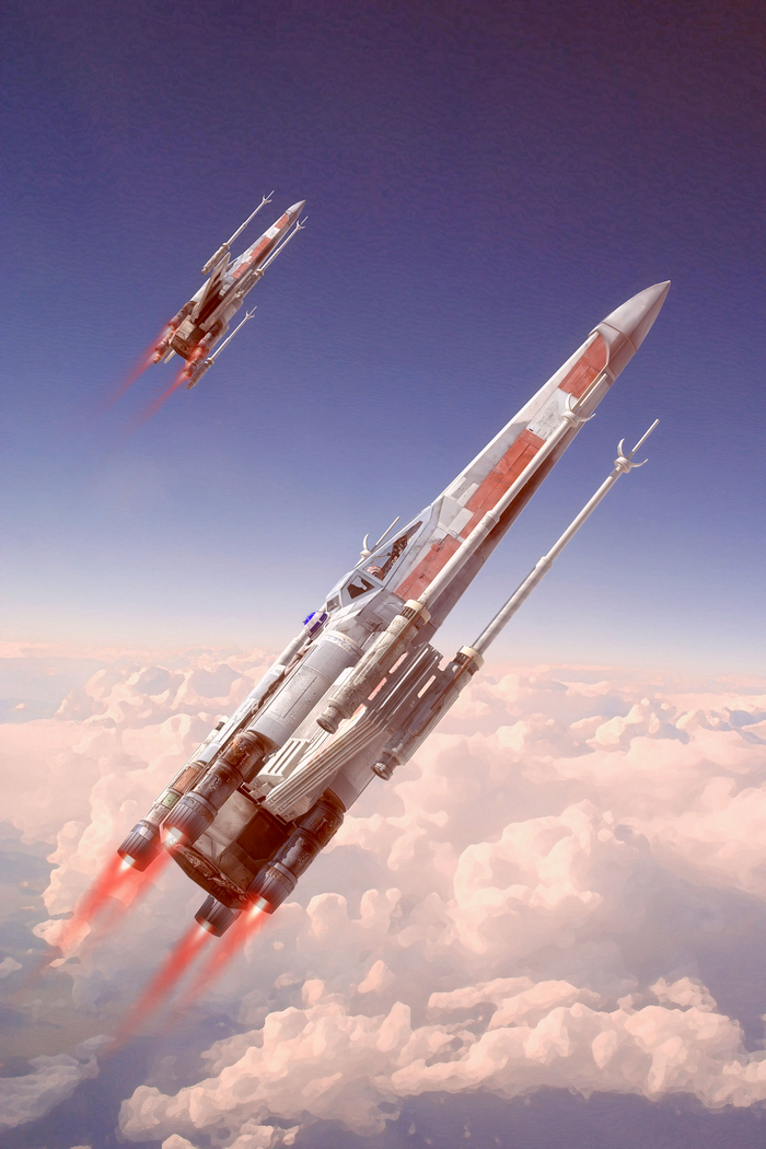 Two X-wing starfighters flying through clouds