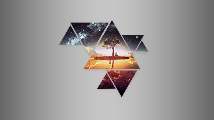 Abstract geometric shapes with sunset and starry sky scenes