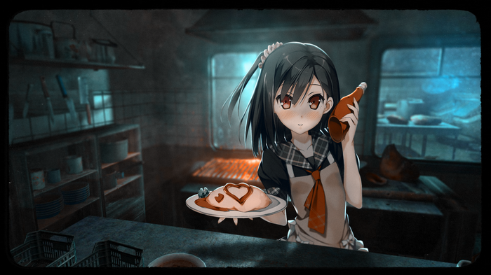 Anime girl holding omurice in a kitchen