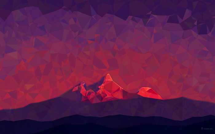 Low poly mountain range at sunset, minimalist art